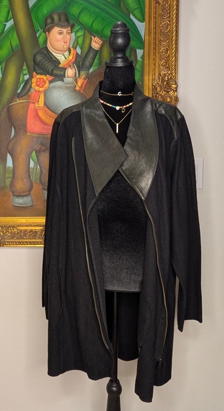 Eileen Fisher Boiled Merino Wool Leather Trim Moto Duster Jacket Coat Plus 1X 2X